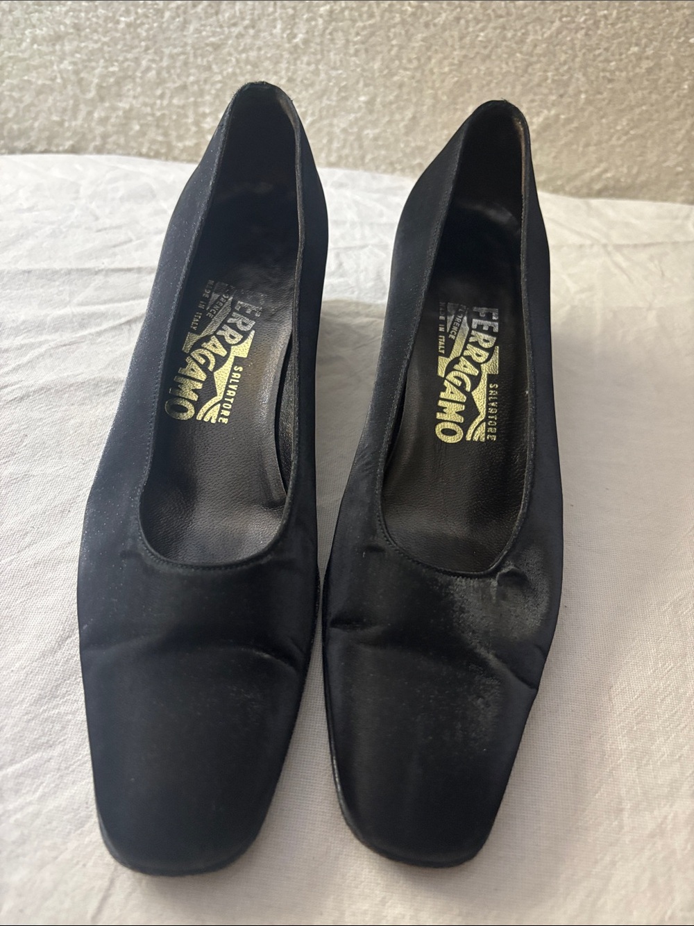 Salvatore Ferragamo Black Satin Square-Toe Pumps